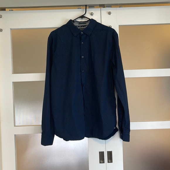 Denim & Flower Other - Dark Blue Men’s Dress Shirt with White Dots